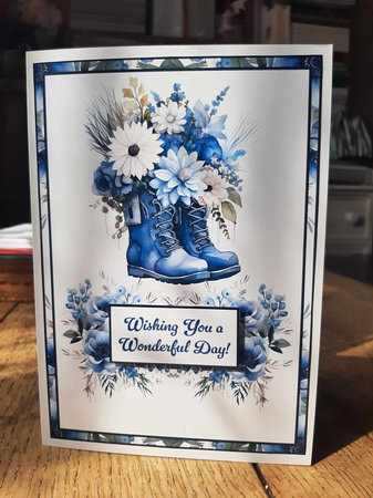 Blue Floral Boots Pyramid Front Card by Ann Davies