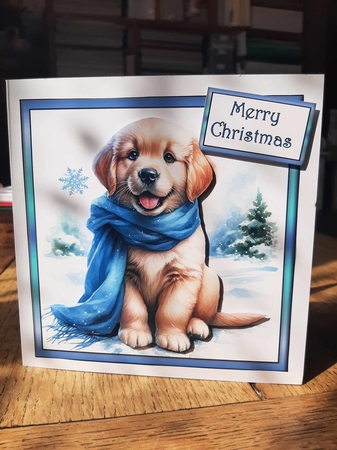 Golden puppy with blue scarf 1 by Ann Davies