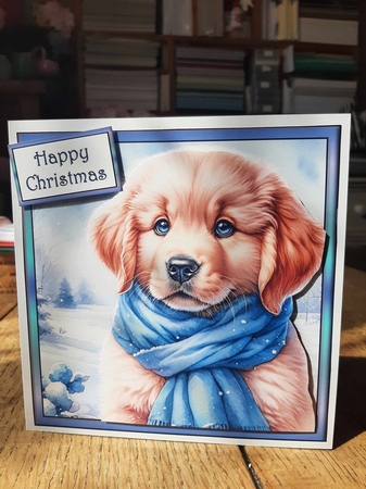 Golden puppy with blue scarf 4 by Ann Davies