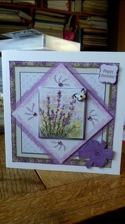 WALLFLOWERS: 7x7 Purple Floral Quick Card With Decoupage 5 Sentiment Tags & Commercial Use by Ann Davies