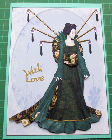 Teal Geisha Decoupage A5 Card Front by Catherine Nelson