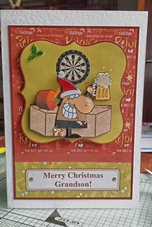 Merry Christmas Grandson Beer Man Card Front with Decoupage by Catherine Nelson