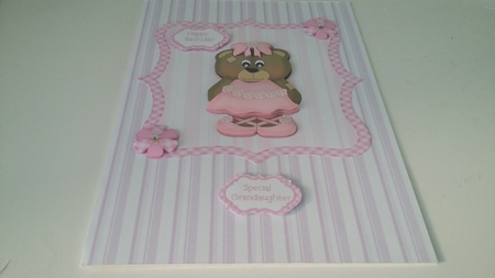 Birthday Card with Ballerina Teddy & Gingham Flowers by Janet Barker
