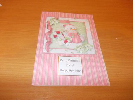 Snowman Gifts Decoupage Card Front by Janet Barker
