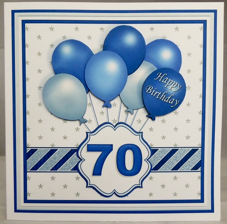 BLUE & SILVER BIRTHDAY BALLOONS & AGES 7.5 Decoupage & Insert by Irene Woods
