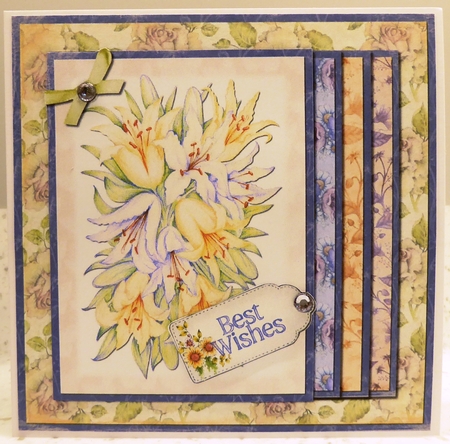 6 x 6 Card Front Lilies with Topper and Tags Lavender/Green/Orange by Irene Woods