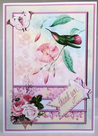 A5 Card Front Pink/Green Hummingbird/Floral with Toppers and Sentiment Tags by Irene Woods