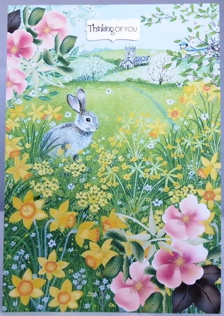 pretty countryside with rabbit and daffodils A4 by Irene Woods