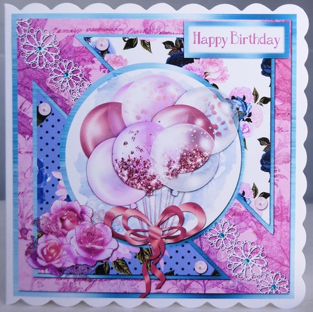 8 x 8 Card Front Pink/White Celebration Balloons with Sentiments by Irene Woods