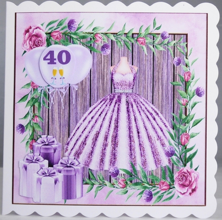 Lilac Birthday sparkly dress card front by Irene Woods