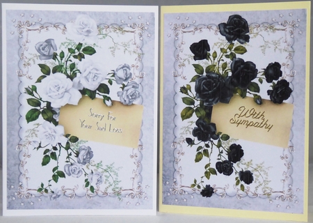 2 White/grey and black rose note card fronts by Irene Woods