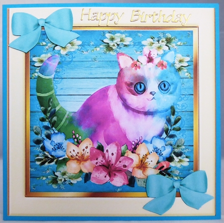 Water colour with funky colours and turq bows 8x8 by Irene Woods