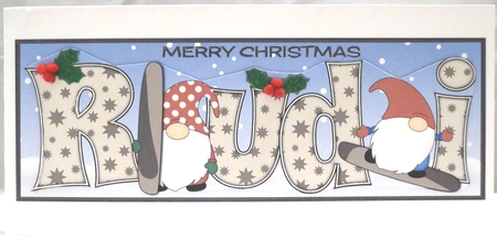 Christmas Gnomes snowboarding RUDI large dl by Irene Woods
