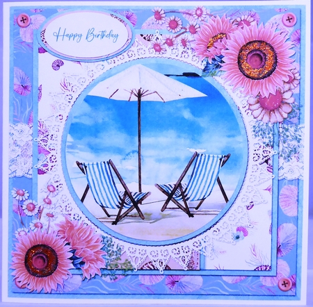 Summer Dreams 7: Deckchairs & Parasol 8 x 8 Card Front with Sentiments by Irene Woods