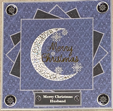 8 x 8 black textured quick card front with gold foil crescent moon. by Irene Woods