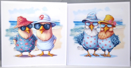 Funny chicken couple having fun at the beach card front by Irene Woods