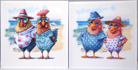 Funny chicken couple having fun at the beach card front by Irene Woods
