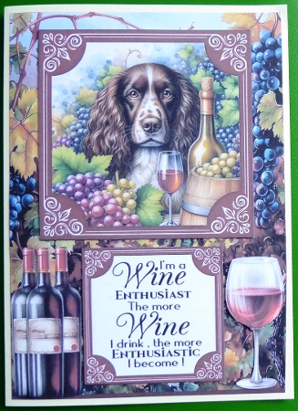Liver and white Springer Spaniel vineyard card front by Irene Woods