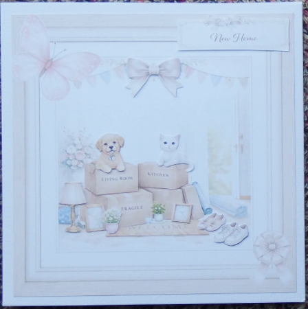 New Home Card Kit with Cute Puppy and Kitten, Moving Boxes and Floral Decor by Irene Woods