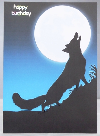 Howling wolf in moonlight - card front / topper by Irene Woods