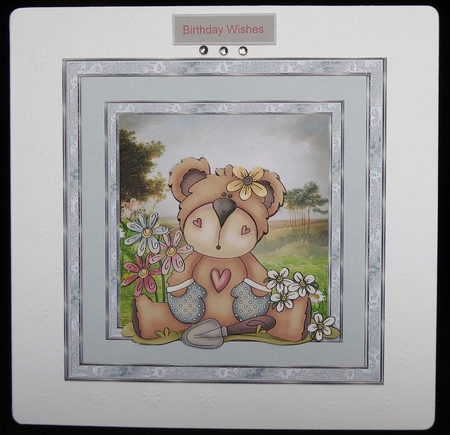 Teddy how does your garden grow 7.5x7.5 card with decoupage by Irene Woods