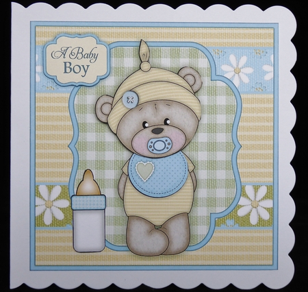 New Baby Barclay Teddy Bear 7x7 Card Front with Decoupage by Irene Woods