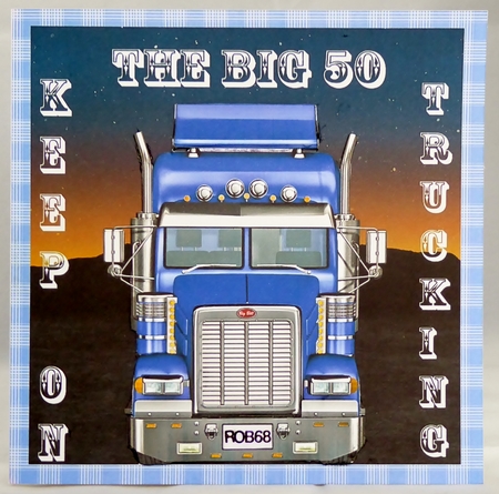Blue truck the big 50 card front by Irene Woods