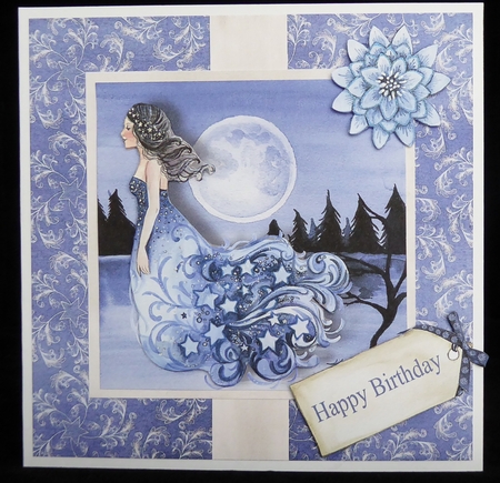 Moonlight dream birthday topper card for 6 x 6 cardstock printed on A4 by Irene Woods