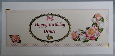 Floral vignette DL name card front with decoupage (Denise) by Irene Woods