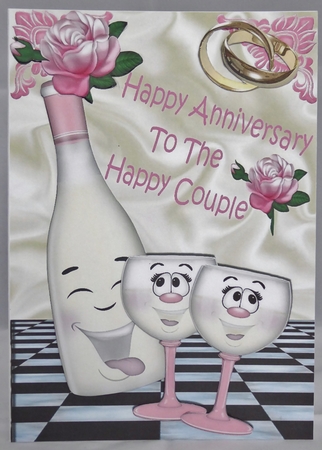 Happy Anniversary to THE HAPPY COUPLE with pink roses & toony champagne by Irene Woods