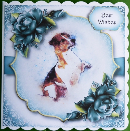 Gorgeous Jack Russell & Teal Roses 8x8 by Irene Woods