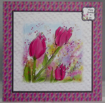 PINK TULIPS: 7x7  Floral Tulip Decoupage Card Front With 4 Sentiment Tags & Commercial Use by Irene Woods