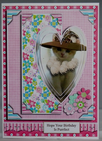 Kitty All Dressed Up For Your Birthday 3 Layer Heart Shaped Decoupage by Irene Woods