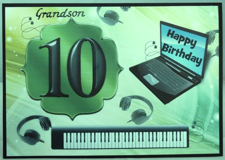 Age 10 card with keyboard, headphones, laptop - green by Irene Woods