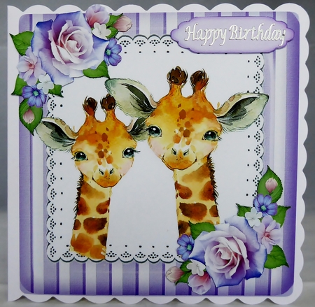 Pretty pair of Giraffes with corner roses in striped purple 8x8 frame by Irene Woods