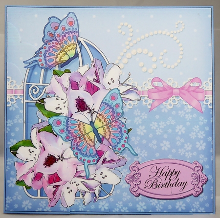 Birthday Butterflies and Flowers Birdcage Scalloped Corner Stacker by Irene Woods