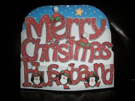 Merry Christmas Husband Penguin Pop Out Xmas Word Card by Irene Woods