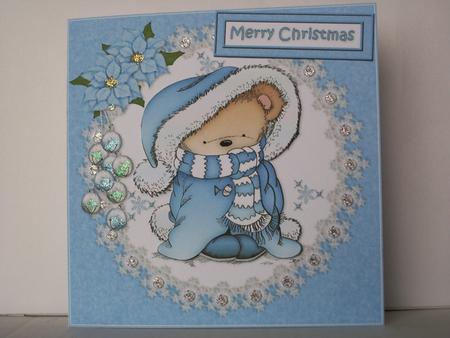 Blue Christmas Snuggle Bear Decoupage by Irene Woods