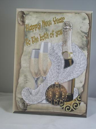 Happy New Year! Champagne and Glasses Gold Baubles by Irene Woods