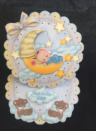 Baby Boy on the Moon Scalloped Round Easel Card by Angela Philpott