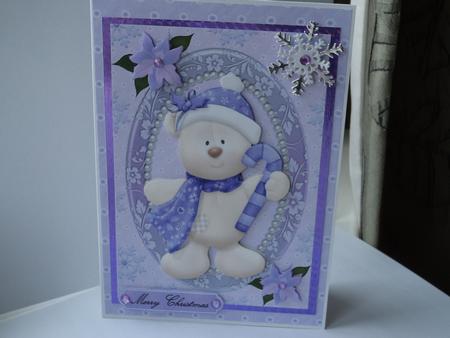 Lovely Teddy Bear with Lilac Scarf & Hat by Lynda Davies