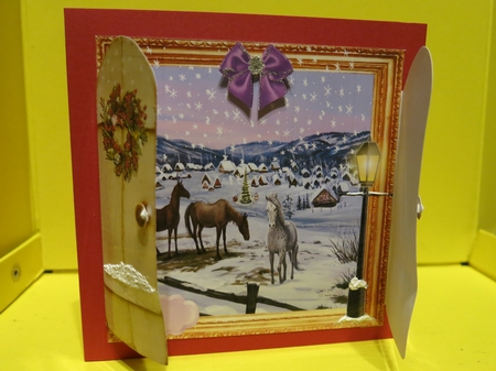 THROUGH THE GATES  CHRISTMAS UNISEX 6x6 HORSES BY LAMP LIGHT by Glenys Linehan