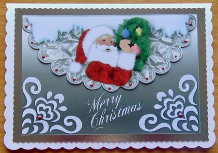 Santa with Christmas Tree on Scalloped Envelope A4 by Joyce Watson