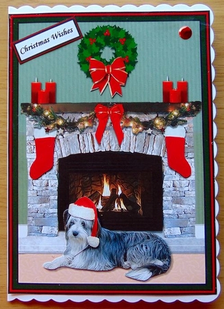 Bearded Collie Christmas Fire Place Scene by Joyce Watson
