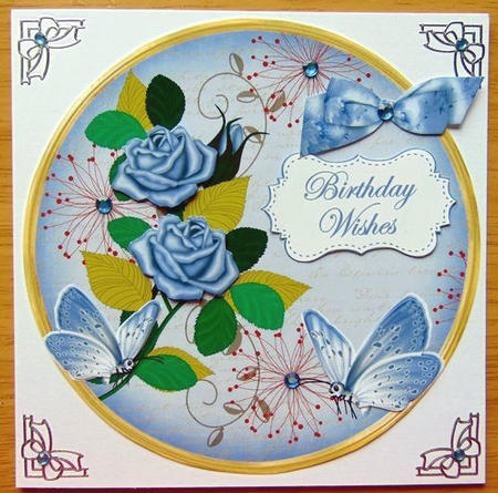 Blue Rose Birthday Wishes 7in Circle Decoupage Topper by Joyce Watson