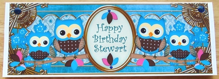 Owls Blue Happy Birthday Stewart Dl Topper Sheet by Joyce Watson