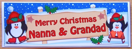 Large Dl Xmas Nanna & Grandad Penguins Signpost 3D Decoupage by Joyce Watson