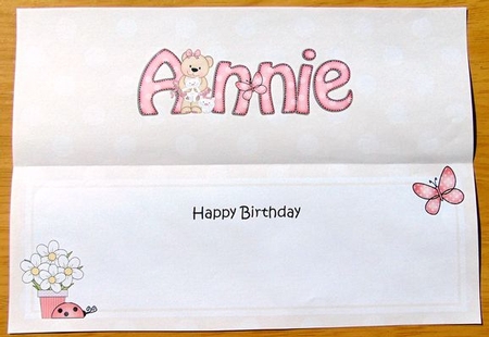 Large Dl Birthday Annie Livvy Bear Insert by Joyce Watson