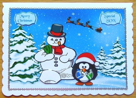 Christmas card with cute snowman and penguin with decoupage by Joyce Watson