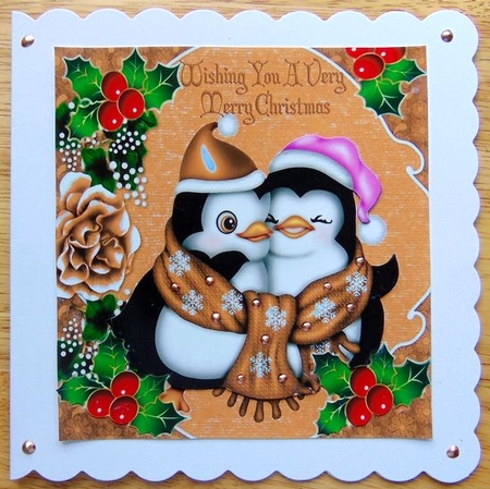 Wishing you a very merry christmas cute penguins in gold 8x8 by Joyce Watson